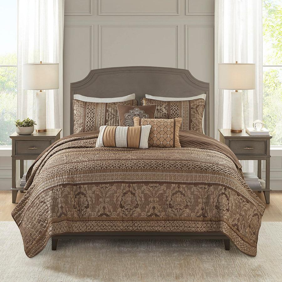 Olliix.com Comforters & Blankets - Bellagio King/California King 6 Piece Reversible Coverlet Set Brown & Gold