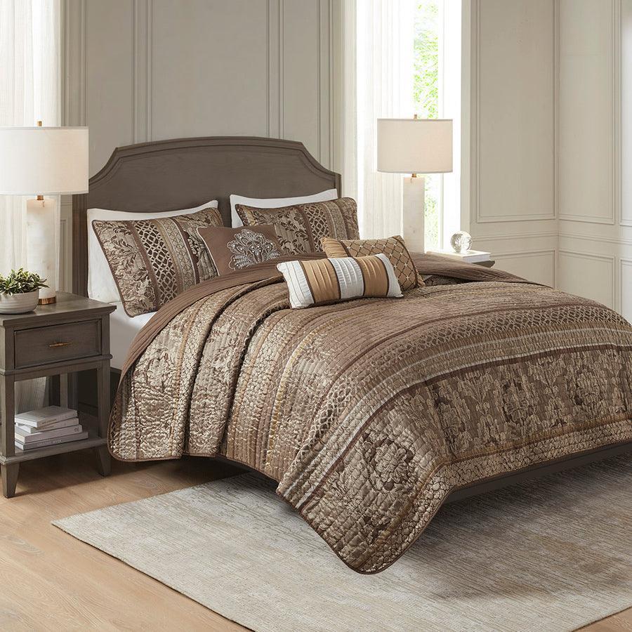 Olliix.com Comforters & Blankets - Bellagio King/California King 6 Piece Reversible Coverlet Set Brown & Gold