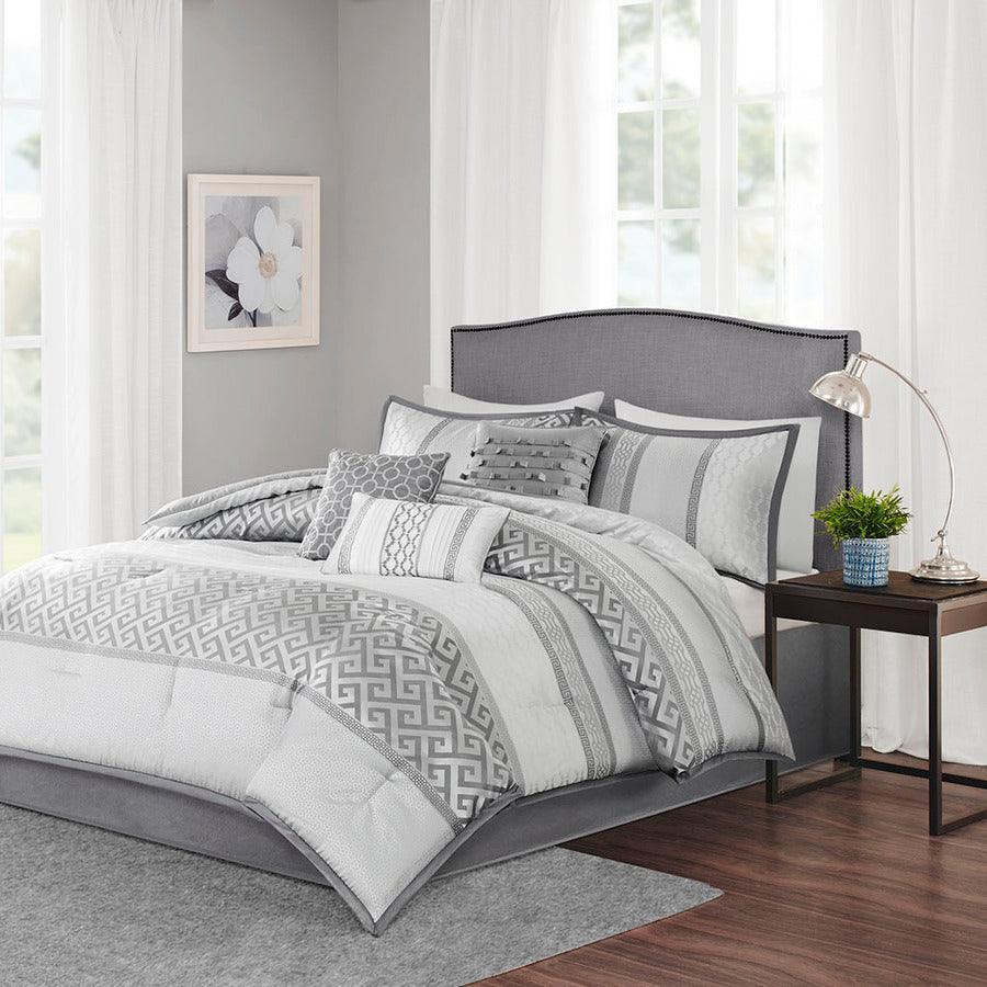 Olliix.com Comforters & Blankets - Bennett 7 Piece Jacquard Traditional Comforter Set Gray Queen