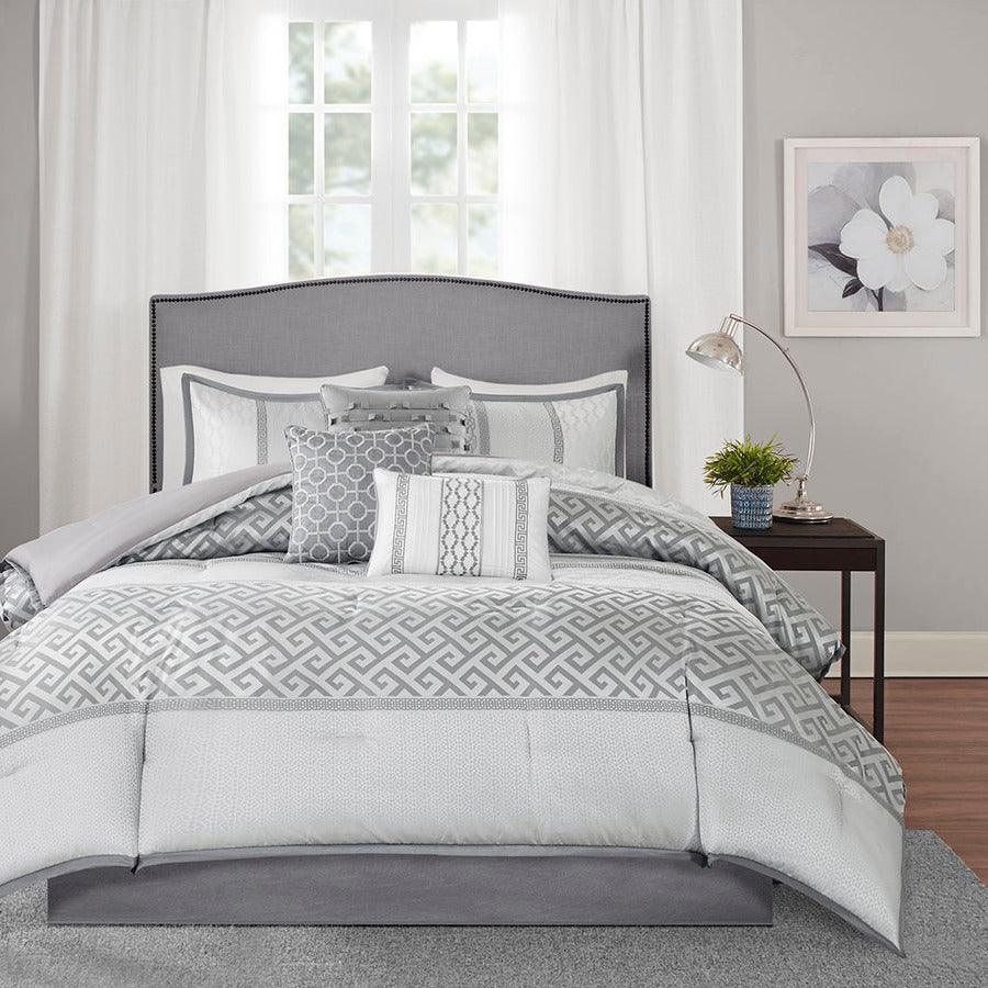 Olliix.com Comforters & Blankets - Bennett 7 Piece Jacquard Traditional Comforter Set Gray Queen
