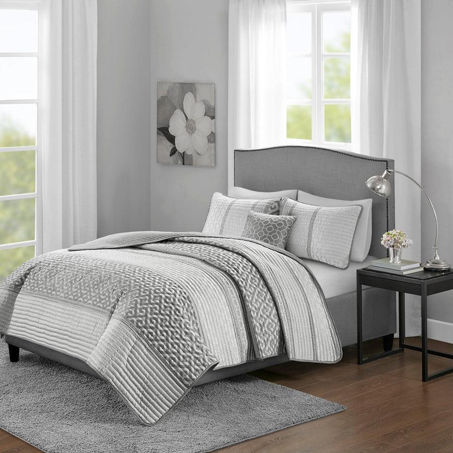 Olliix.com Comforters & Blankets - Bennett Full/Queen 4 Piece Reversible Jacquard Coverlet Set Gray