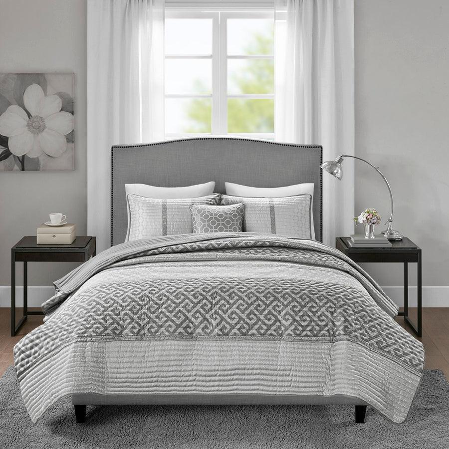 Olliix.com Comforters & Blankets - Bennett Full/Queen 4 Piece Reversible Jacquard Coverlet Set Gray