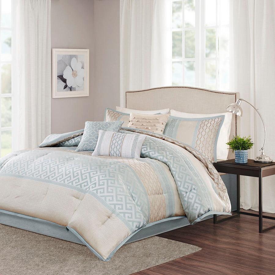 Olliix.com Comforters & Blankets - Bennett Transitional 7 Piece Jacquard Comforter Set Aqua Cal King