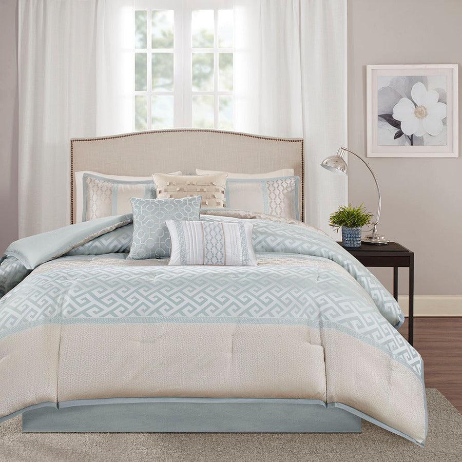 Olliix.com Comforters & Blankets - Bennett Transitional 7 Piece Jacquard Comforter Set Aqua Cal King