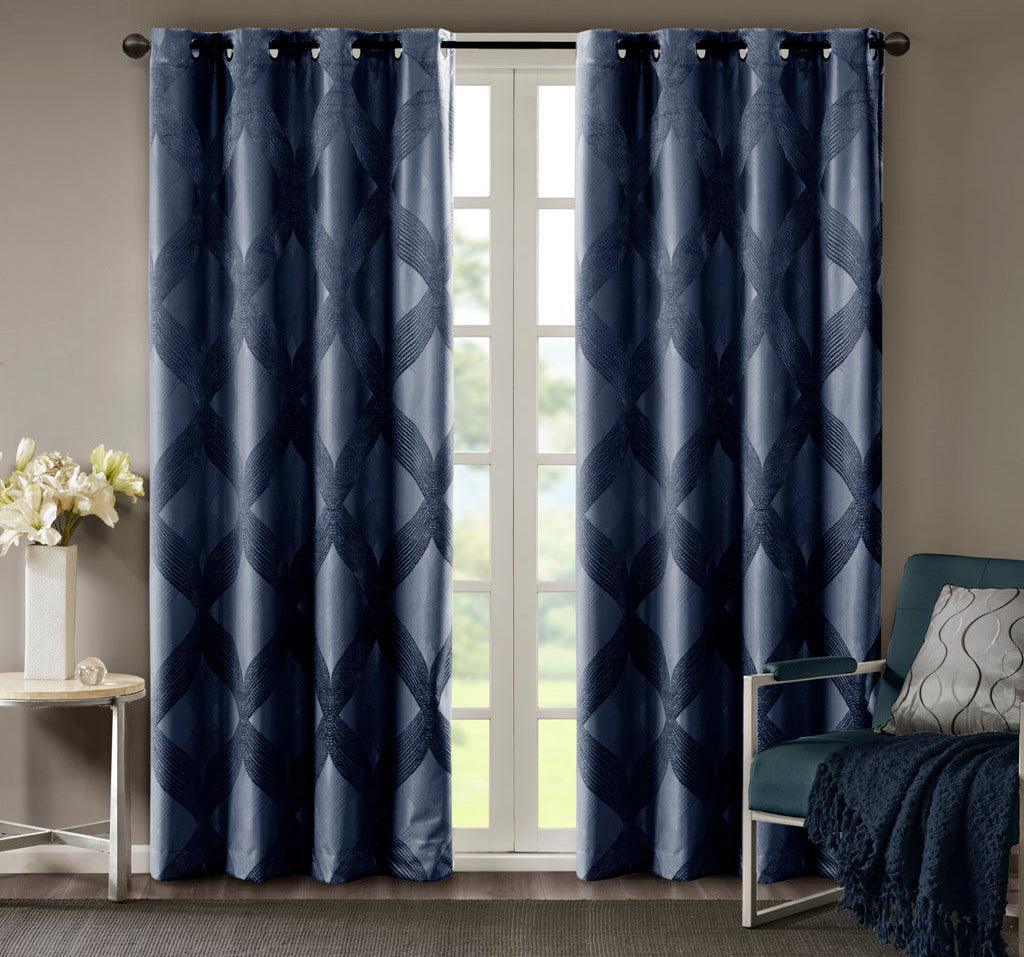 Olliix.com Curtains - Bentley 84 H Ogee Knitted Jacquard Total Blackout Panel Navy