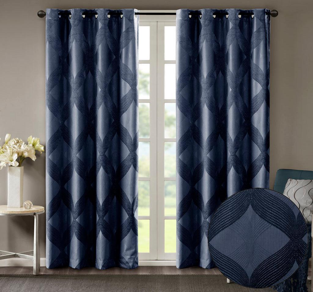 Olliix.com Curtains - Bentley 95 H Ogee Knitted Jacquard Total Blackout Panel Navy