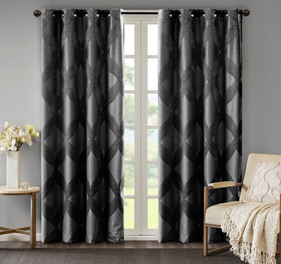 Olliix.com Curtains - Bentley Ogee Knitted Jacquard Total Blackout Panel Black