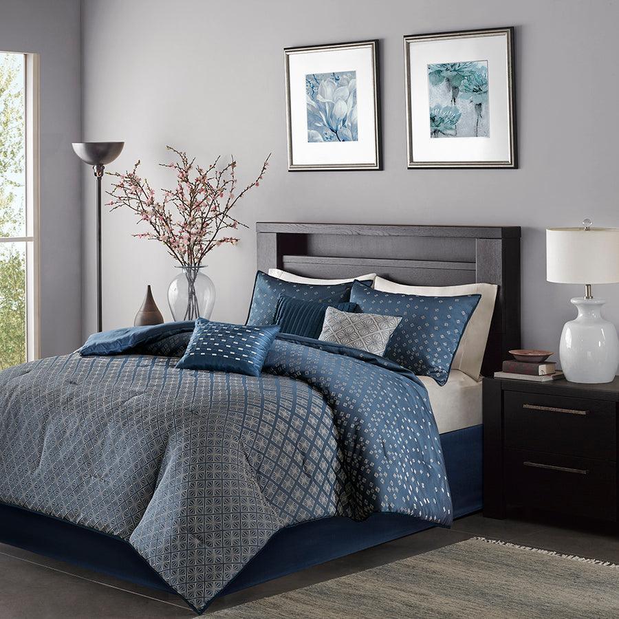 Olliix.com Comforters & Blankets - Biloxi Global Inspired 7 Piece Comforter Set Navy Cal King