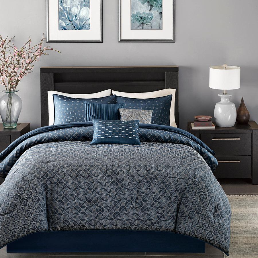 Olliix.com Comforters & Blankets - Biloxi Global Inspired 7 Piece Comforter Set Navy Cal King