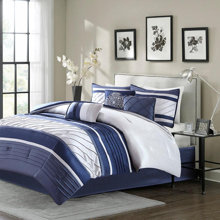 Olliix.com Comforters & Blankets - Blaire Transitional 7 Piece Comforter Set Navy Cal King