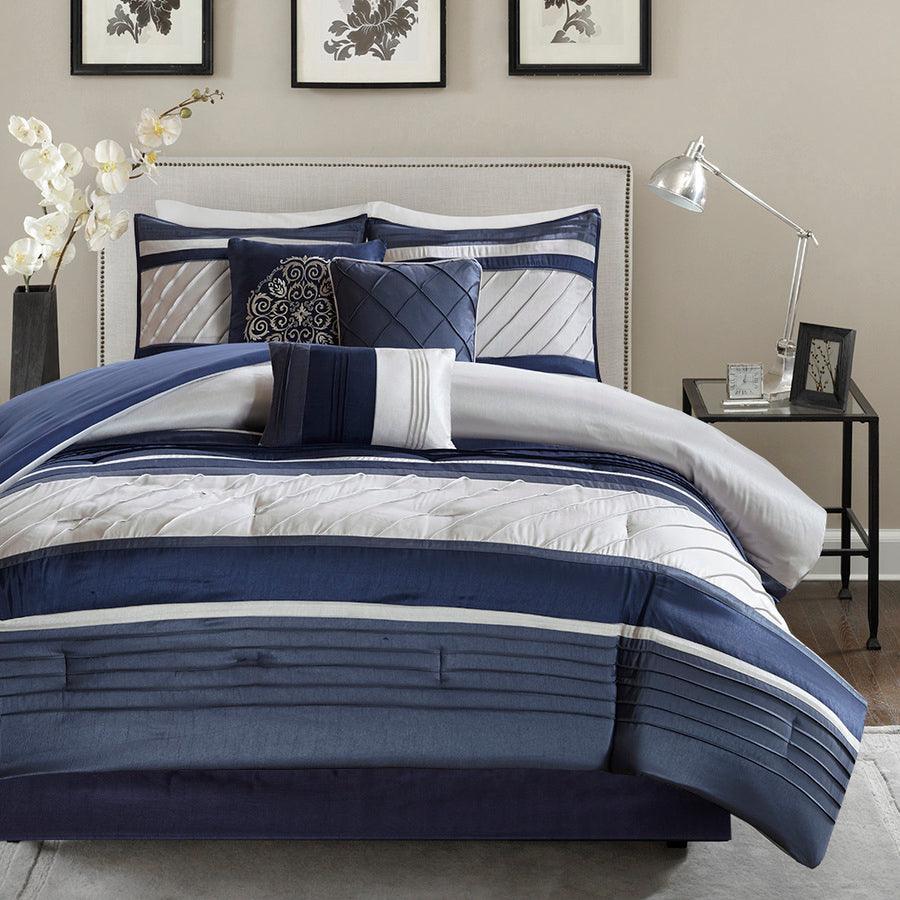 Olliix.com Comforters & Blankets - Blaire Transitional 7 Piece Comforter Set Navy Cal King