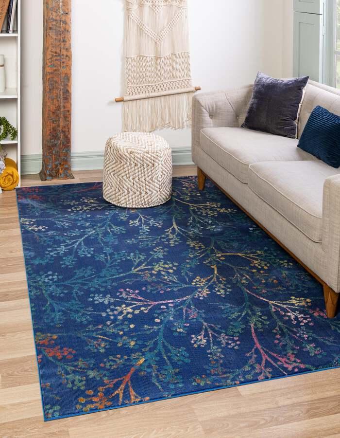 Unique Loom Indoor Rugs - Blossom Cabin / Lodge 10x14 Rectangular Rug Blue
