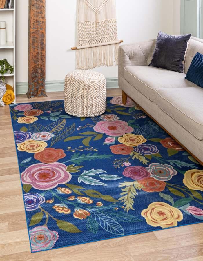 Unique Loom Indoor Rugs - Blossom Floral 10x14 Blue & Green
