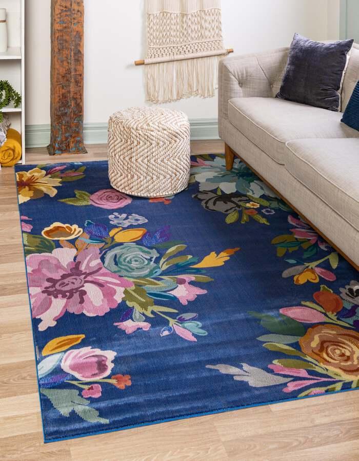 Unique Loom Indoor Rugs - Blossom Floral 10x14 Blue & Pink