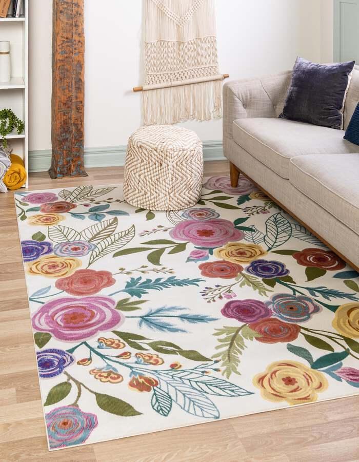 Unique Loom Indoor Rugs - Blossom Floral 10x14 Ivory & Green