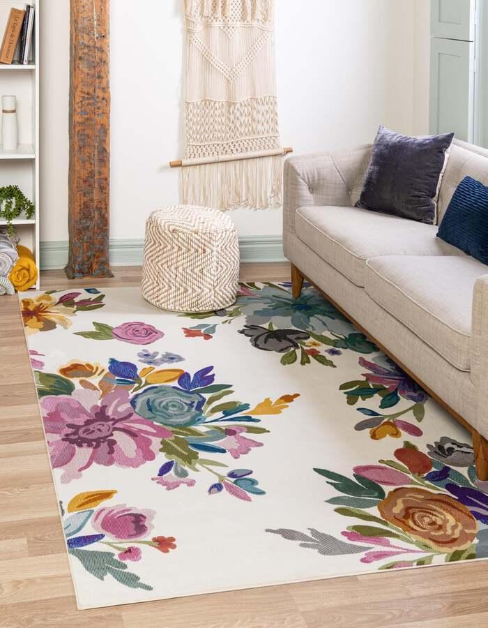 Unique Loom Indoor Rugs - Blossom Floral 10x14 Ivory & Pink