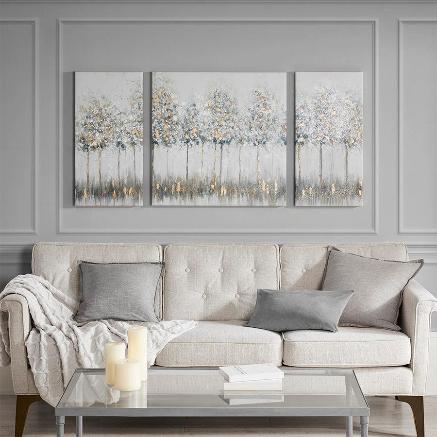 Olliix.com Wall Paintings - Blue Midst Forest Printed Canvas with Gold Foil 3 Piece Set Blue Multicolor