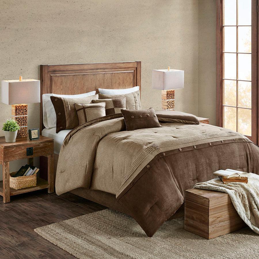 Olliix.com Comforters & Blankets - Boone Casual 7 Piece Faux Suede Comforter Set Brown Queen