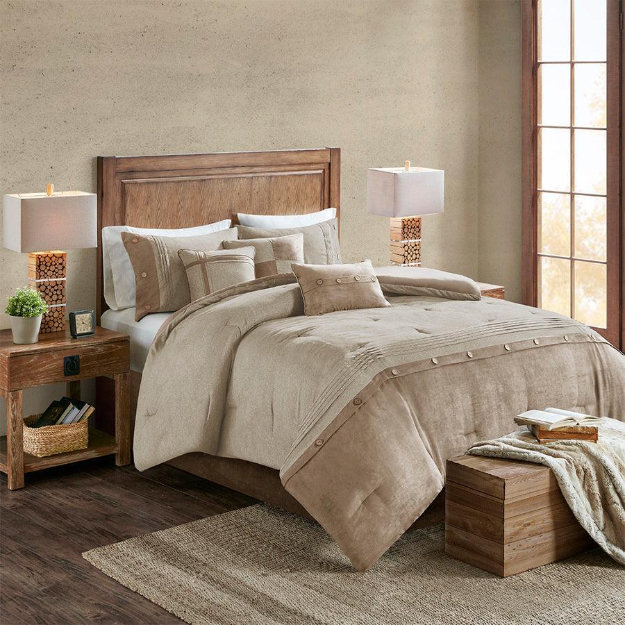 Olliix.com Comforters & Blankets - Boone Casual 7 Piece Faux Suede Comforter Set Tan Queen