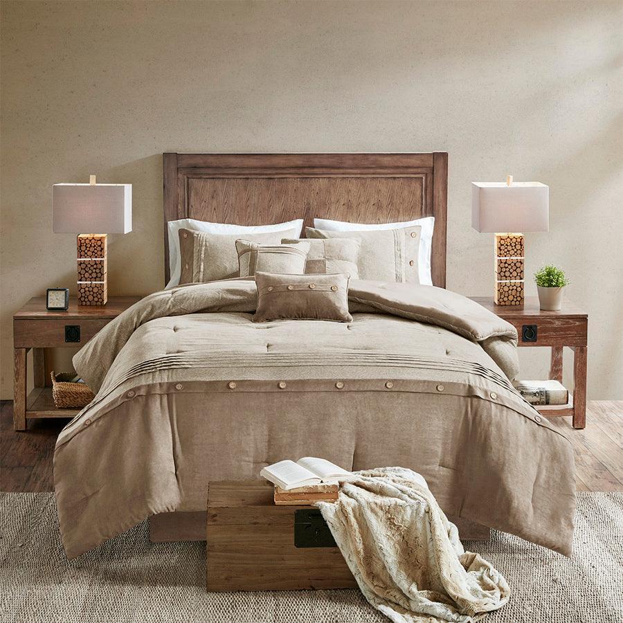 Olliix.com Comforters & Blankets - Boone Casual 7 Piece Faux Suede Comforter Set Tan Queen