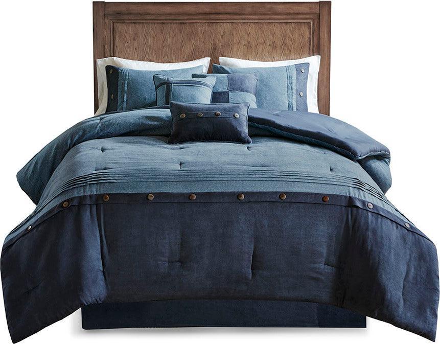 Olliix.com Comforters & Blankets - Boone Queen 7 Piece Lodge & Cabin Faux Suede Comforter Set Dark Navy