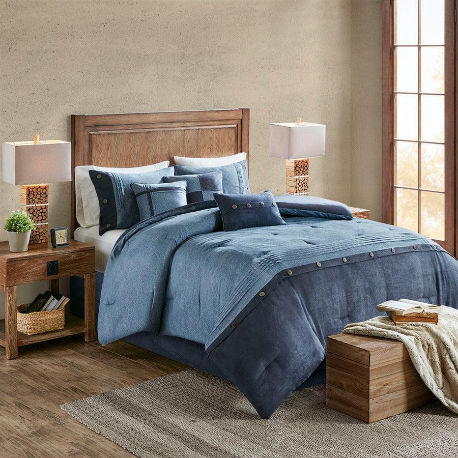 Olliix.com Comforters & Blankets - Boone Transitional 7 Piece Faux Suede Comforter Set Dark Navy Cal King