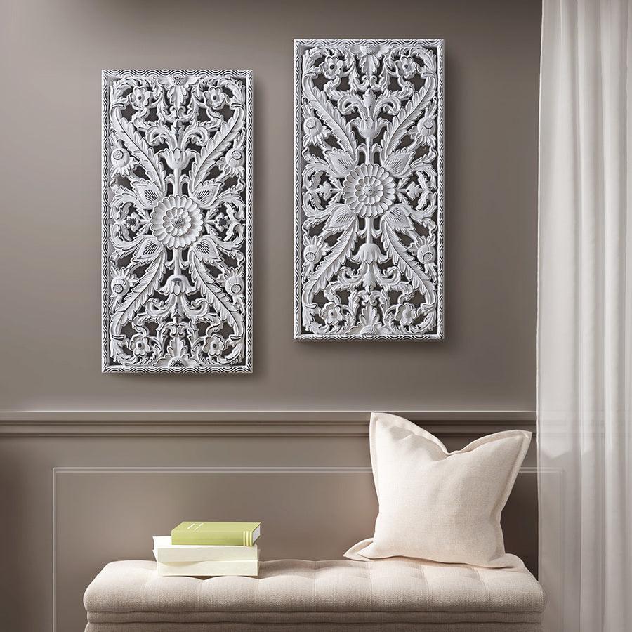 Olliix.com Wall Art - Botanical Panel Carved Wall Decor 2 Piece Set White
