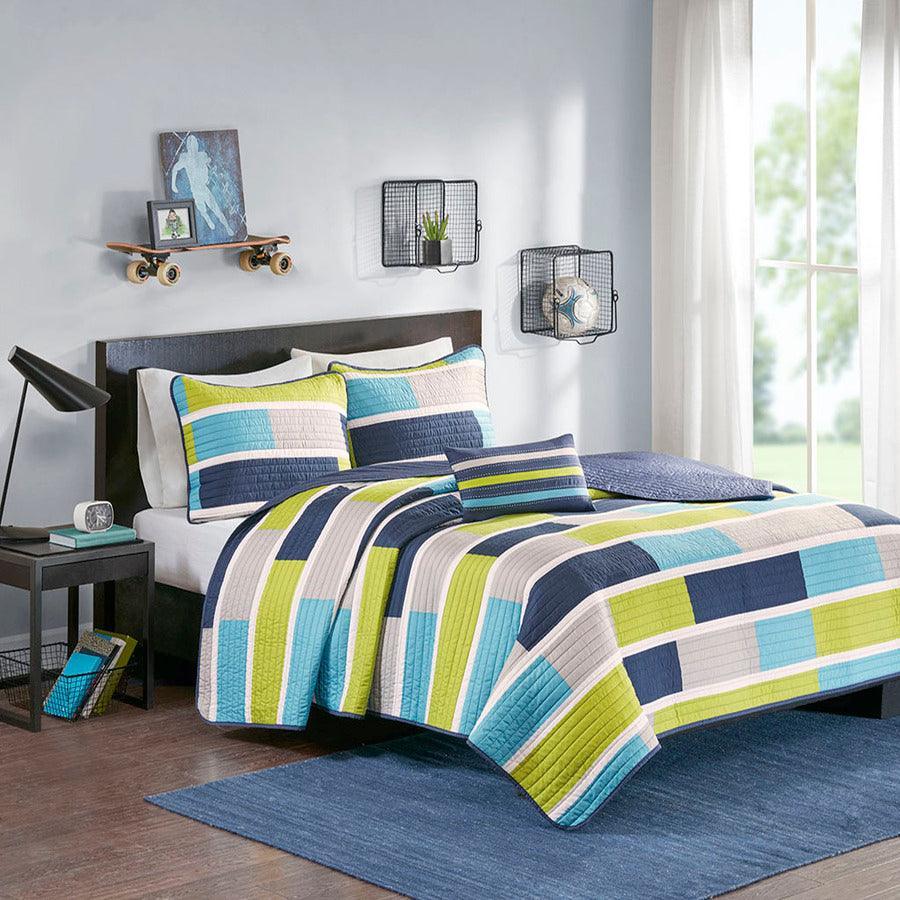 Olliix.com Comforters & Blankets - Bradley Twin/Twin XL Reversible Coverlet Set Blue & Lime Green