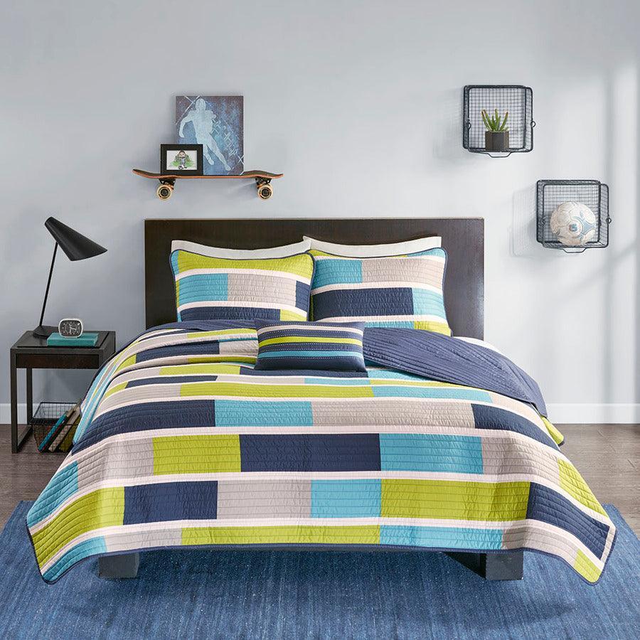 Olliix.com Comforters & Blankets - Bradley Twin/Twin XL Reversible Coverlet Set Blue & Lime Green