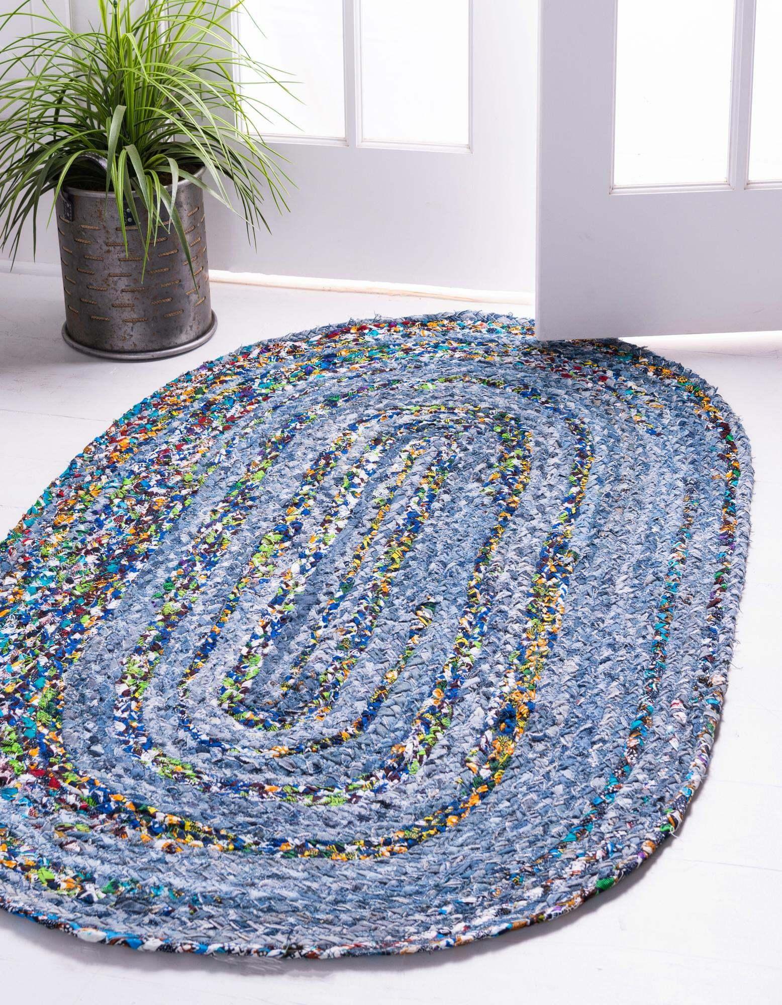 Unique Loom Indoor Rugs - Braided Chindi Abstract Oval 8x10 Oval Rug Blue & Multi