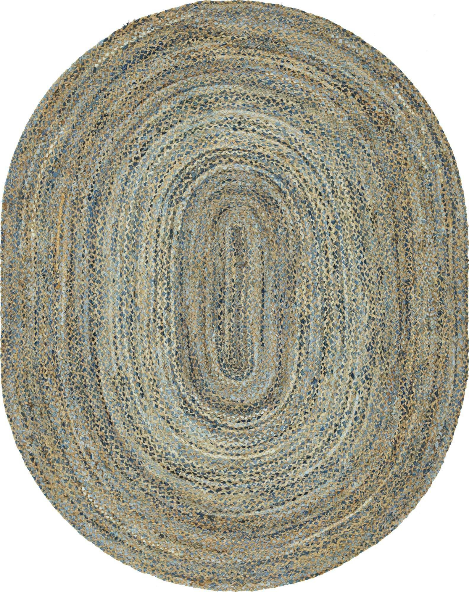 Unique Loom Indoor Rugs - Braided Chindi Abstract Oval 8x10 Oval Rug Blue & Tan