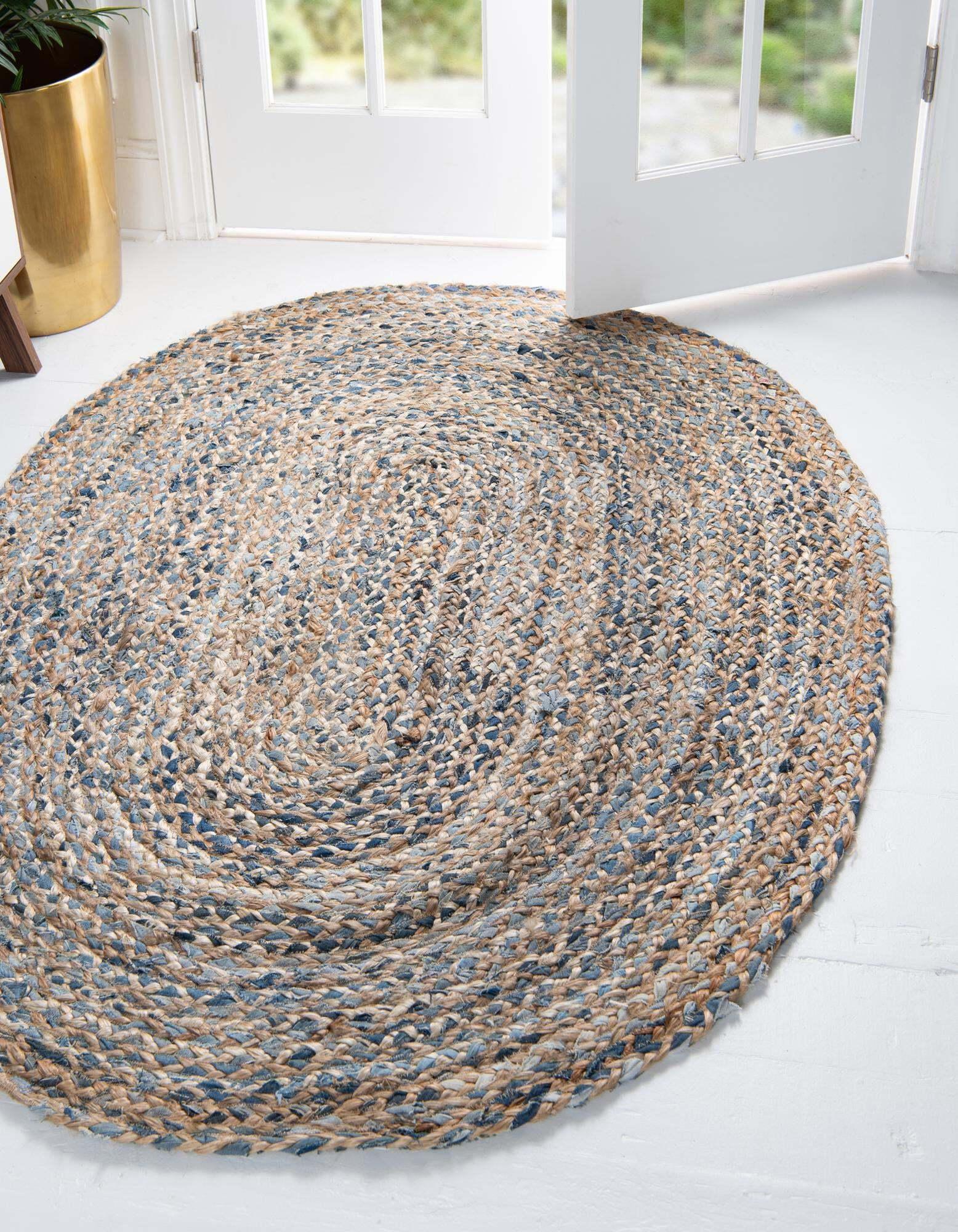 Unique Loom Indoor Rugs - Braided Chindi Abstract Oval 8x10 Oval Rug Blue & Tan