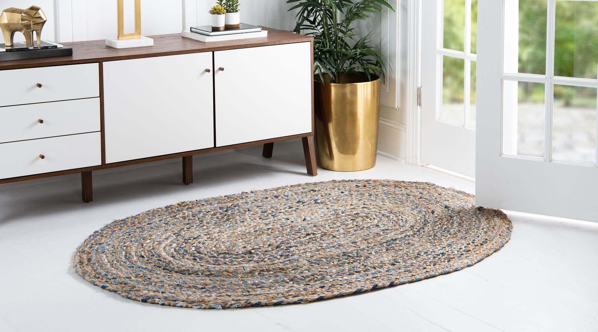 Unique Loom Indoor Rugs - Braided Chindi Abstract Oval 8x10 Oval Rug Blue & Tan