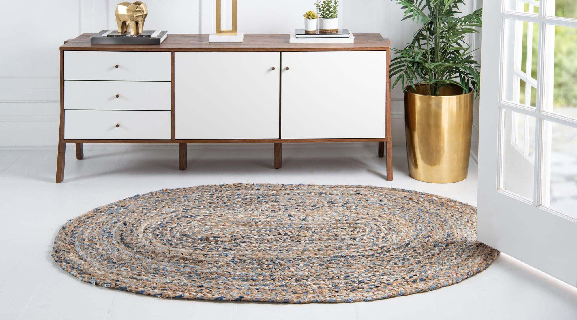 Unique Loom Indoor Rugs - Braided Chindi Abstract Oval 8x10 Oval Rug Blue & Tan