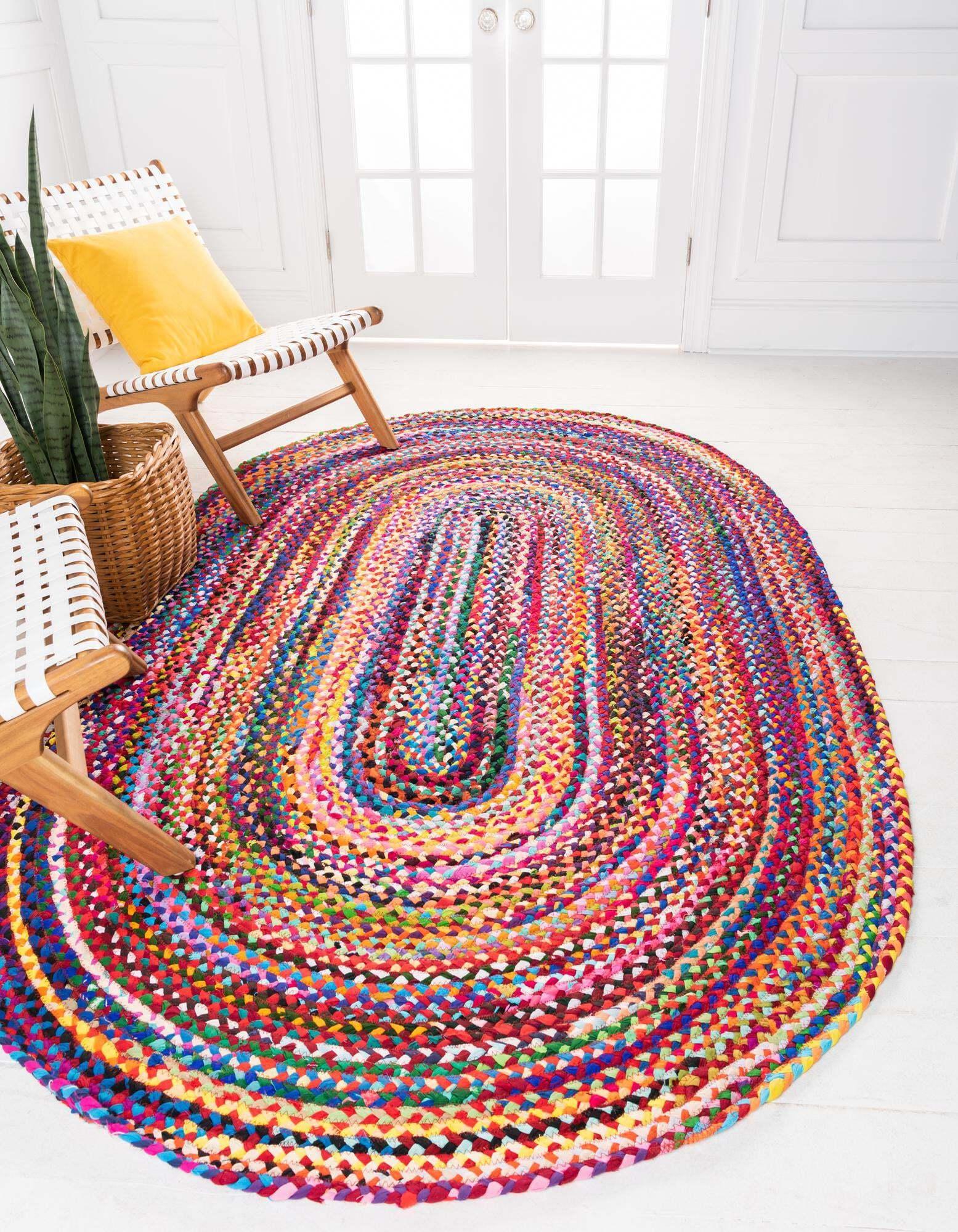 Unique Loom Indoor Rugs - Braided Chindi Abstract Oval 8x10 Oval Rug Multi & Pink