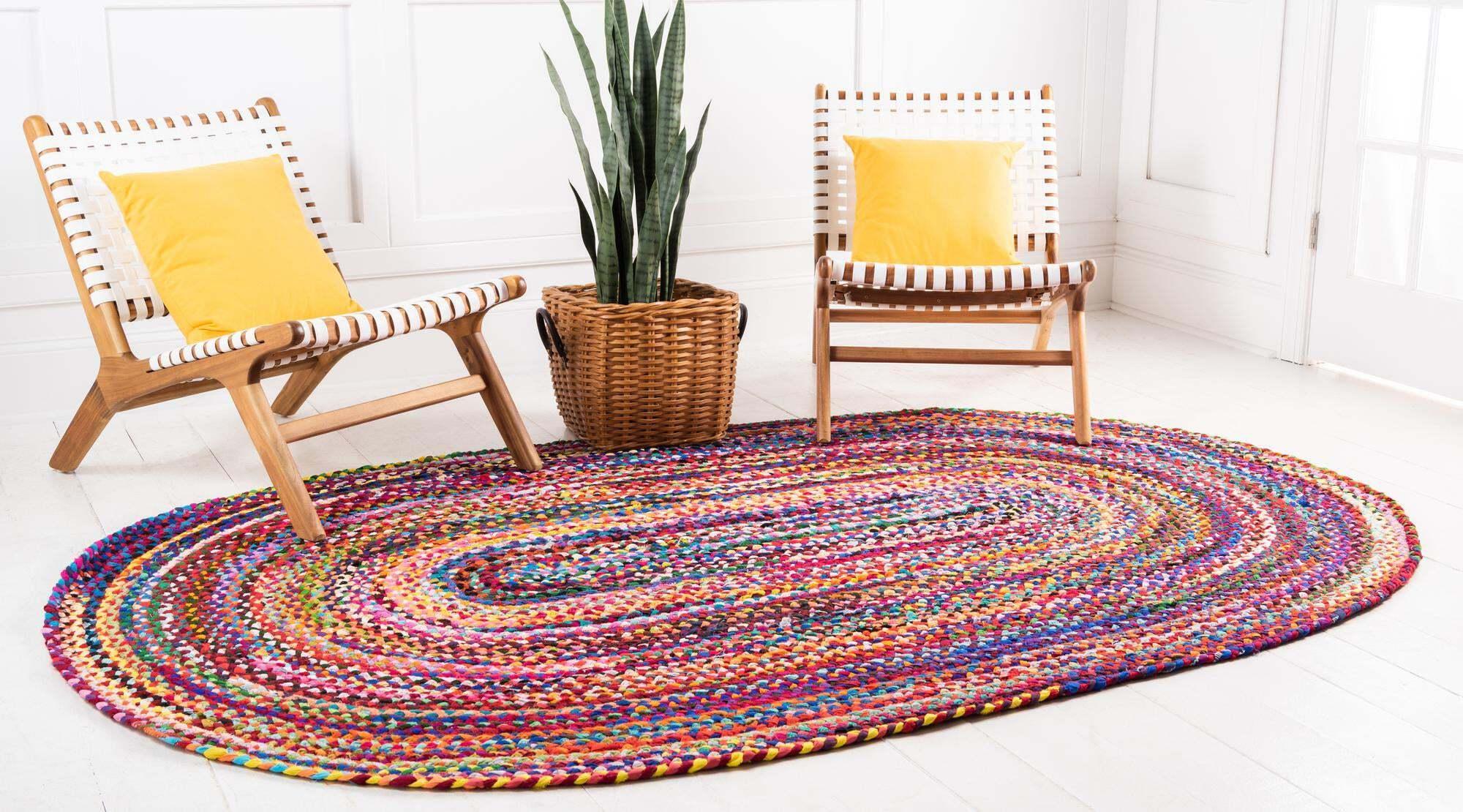 Unique Loom Indoor Rugs - Braided Chindi Abstract Oval 8x10 Oval Rug Multi & Pink