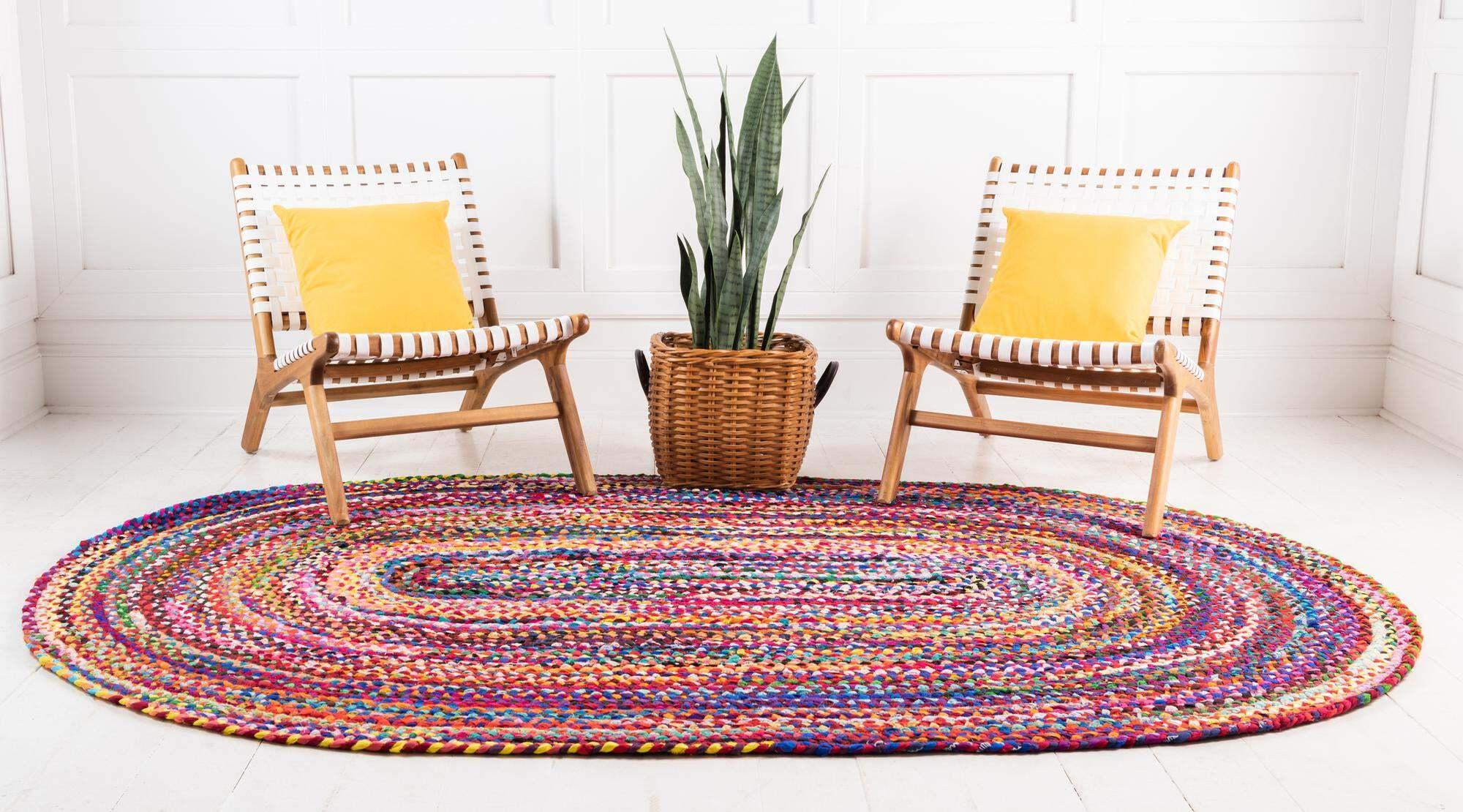 Unique Loom Indoor Rugs - Braided Chindi Abstract Oval 8x10 Oval Rug Multi & Pink