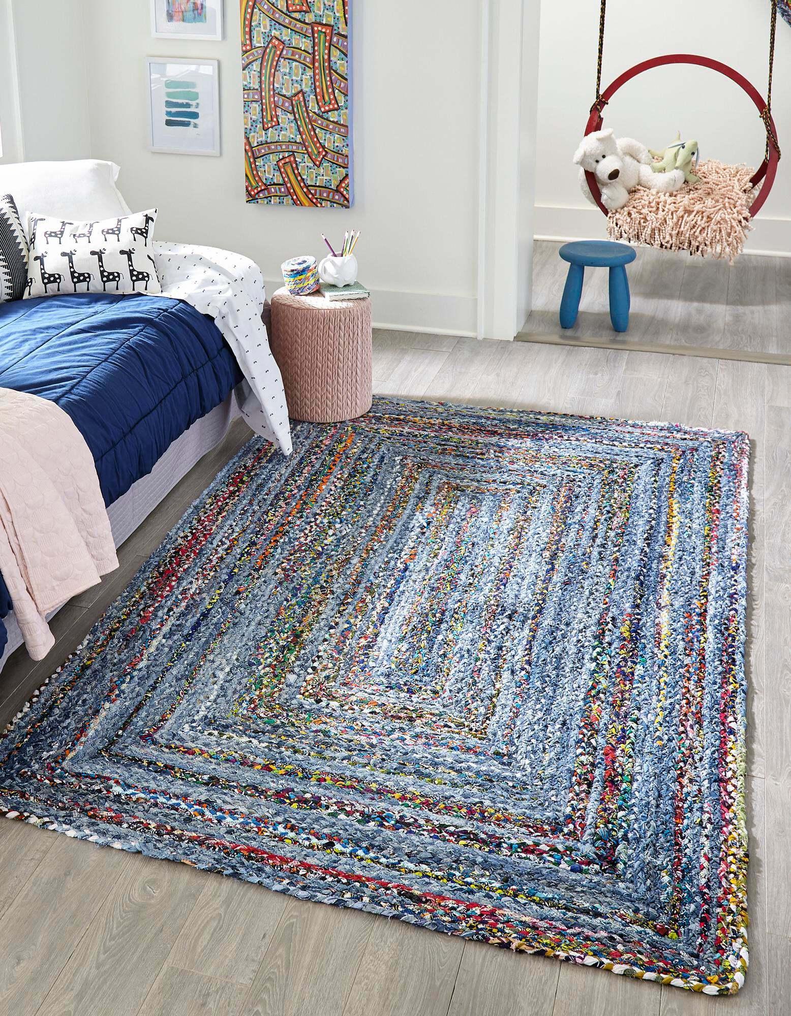 Unique Loom Indoor Rugs - Braided Chindi Abstract Rectangular 8x10 Rug Blue & Multi