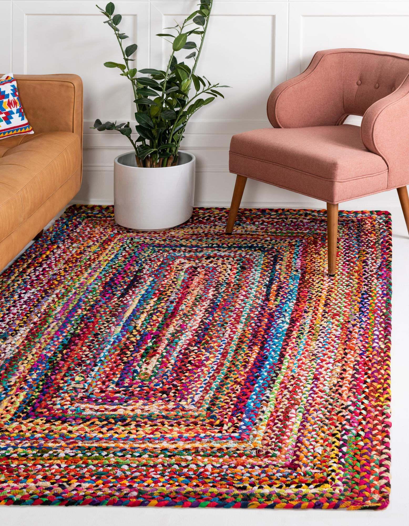 Unique Loom Indoor Rugs - Braided Chindi Abstract Rectangular 9x12 Rug Multi & Pink