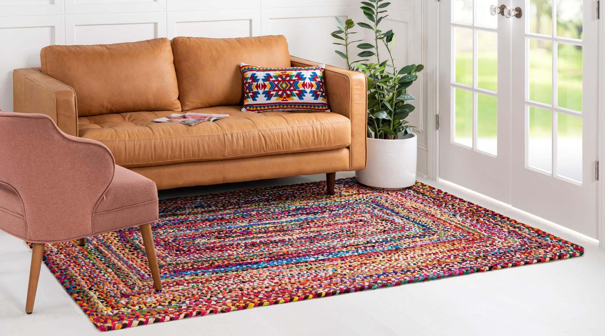Unique Loom Indoor Rugs - Braided Chindi Abstract Rectangular 9x12 Rug Multi & Pink