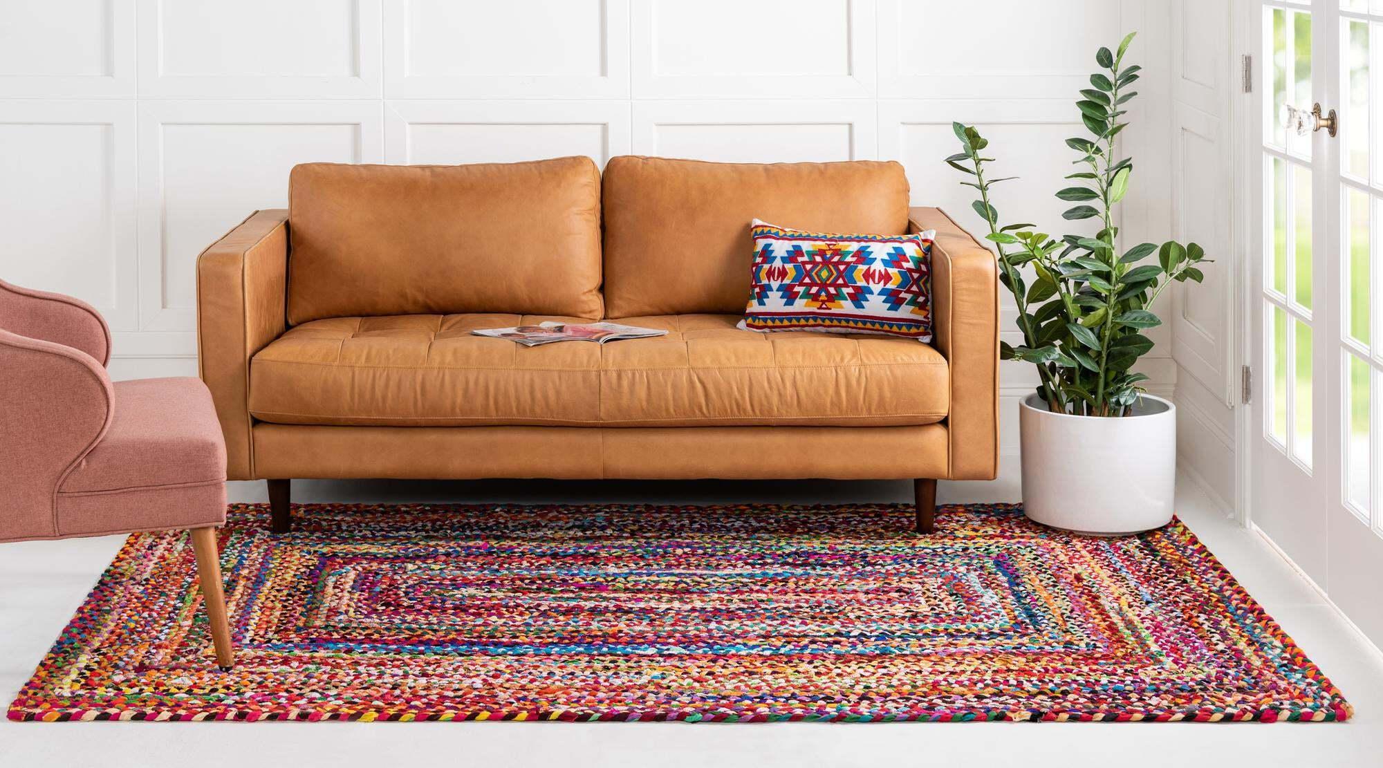 Unique Loom Indoor Rugs - Braided Chindi Abstract Rectangular 9x12 Rug Multi & Pink