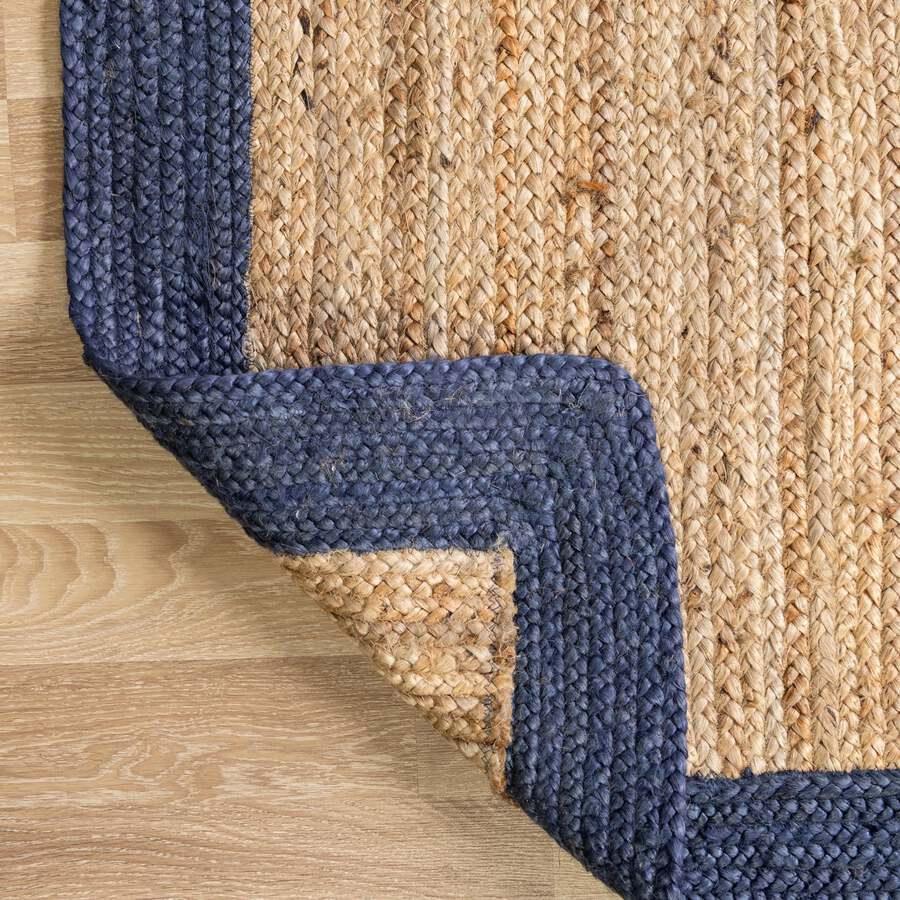 Unique Loom Indoor Rugs - Braided Jute Border 9x12 Natural & Navy Blue