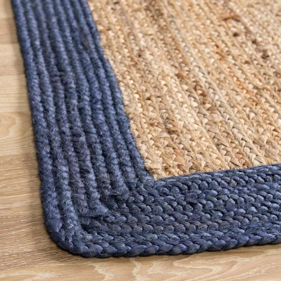 Unique Loom Indoor Rugs - Braided Jute Border 9x12 Natural & Navy Blue