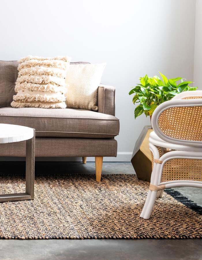 Unique Loom Indoor Rugs - Braided Jute Coastal 10x14 Rectangular Rug Natural/Black