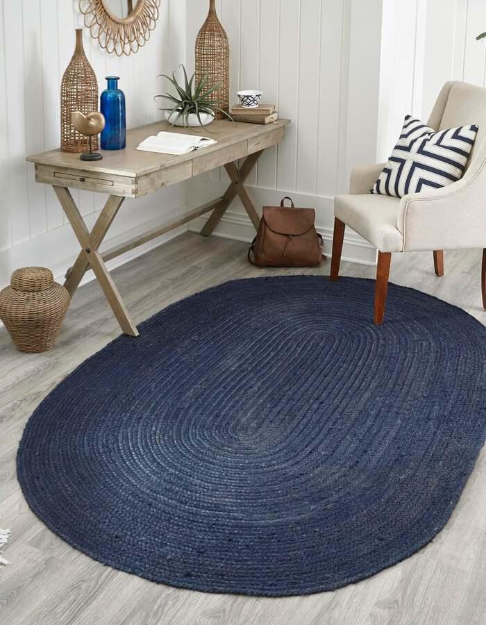 Unique Loom Indoor Rugs - Braided Jute Coastal 8x10 Oval Oval Rug Navy Blue