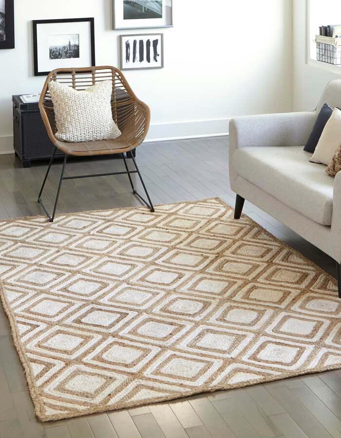 Unique Loom Indoor Rugs - Braided Jute Coastal 8x10 Rectangular Rug Ivory