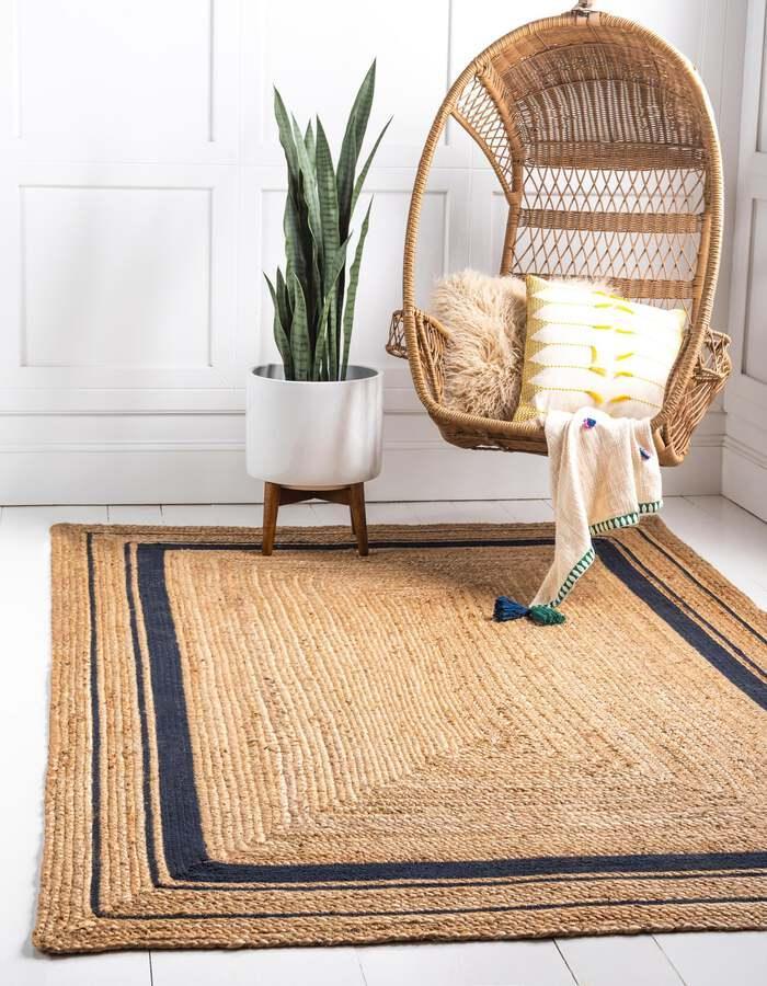 Unique Loom Indoor Rugs - Braided Jute Coastal 9x12 Rectangular Rug Natural/Navy Blue