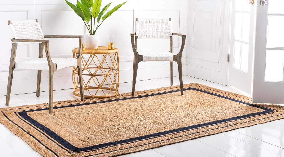 Unique Loom Indoor Rugs - Braided Jute Coastal 9x12 Rectangular Rug Natural/Navy Blue