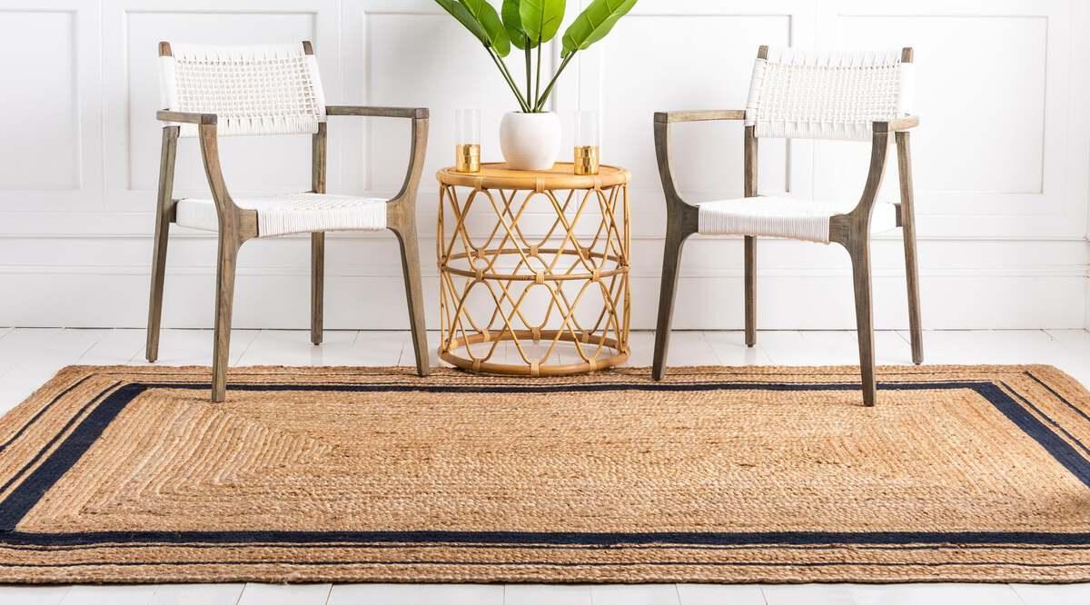 Unique Loom Indoor Rugs - Braided Jute Coastal 9x12 Rectangular Rug Natural/Navy Blue