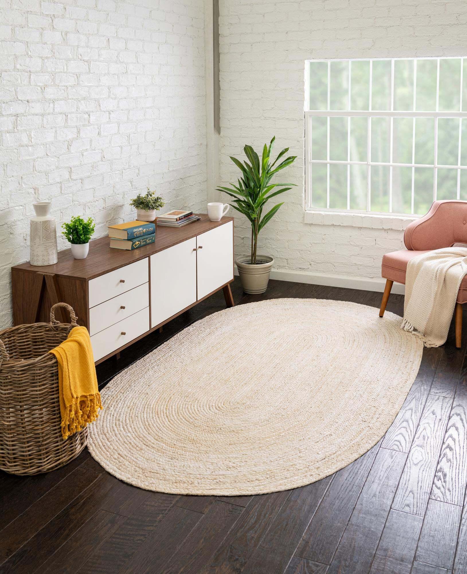 Unique Loom Indoor Rugs - Braided Jute Solid Oval 8x10 Oval Rug Beige & Natural